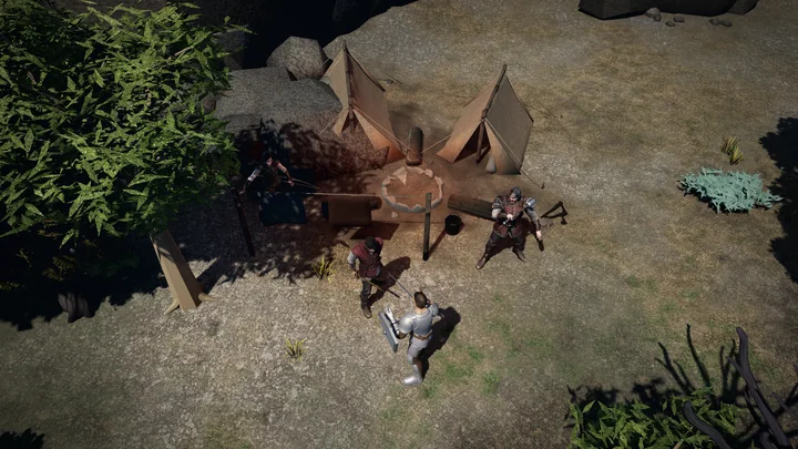 A steel-clad fighter faces three bandits at a woodland camp.