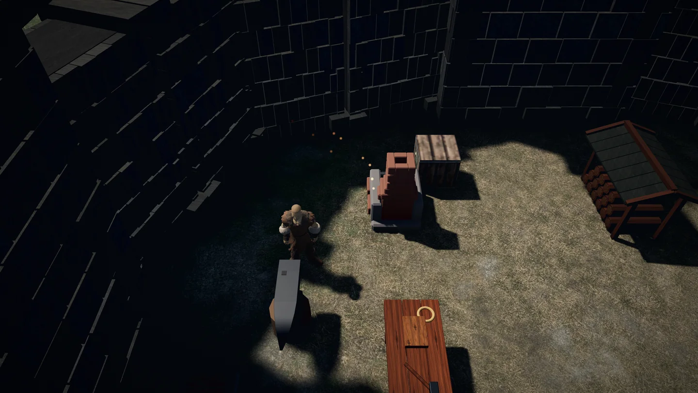 A player stands beside an anvil and glowing forge in Alderwatch keep's yard.